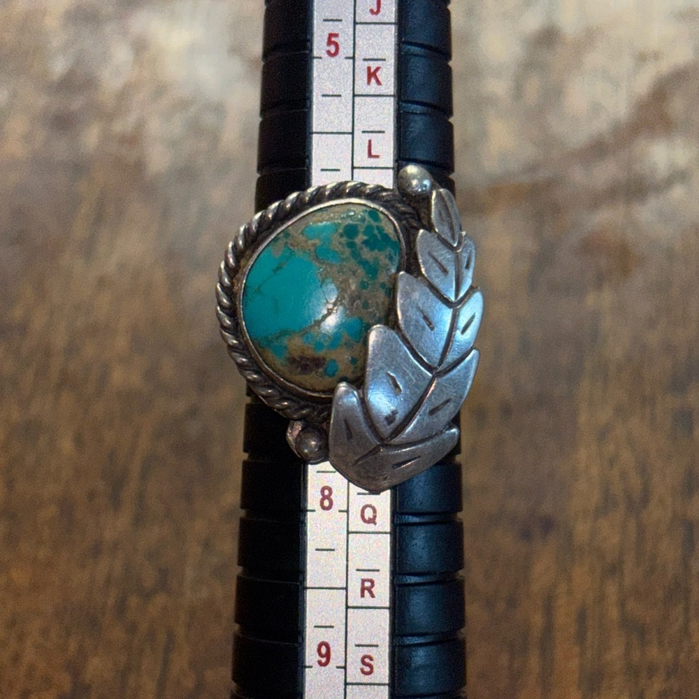Vintage Navajo Turquoise Silver Feather Ring Sz 6.75